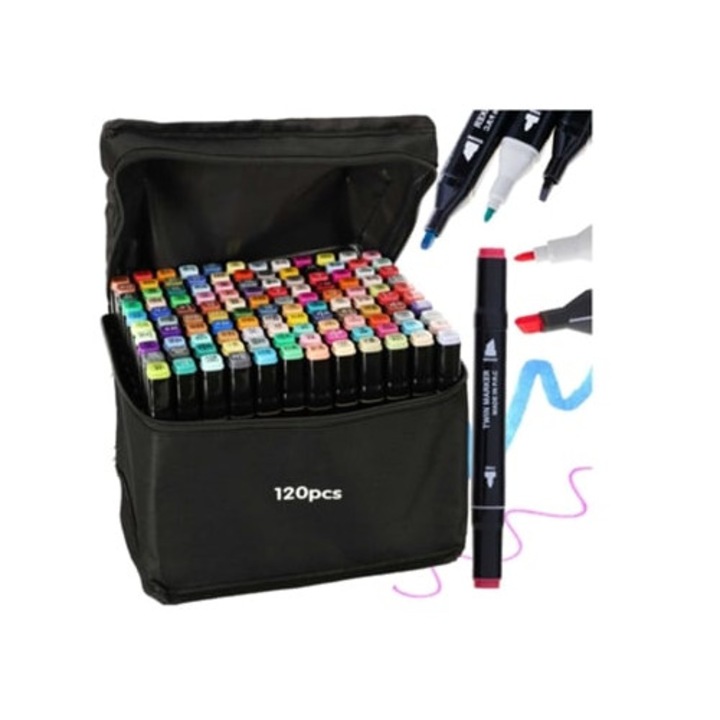 Set markere alcool cu doua fete in carcasa, 120 bucati