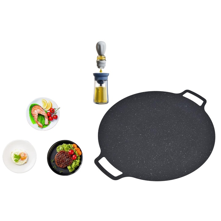 Plita Japoneza Rotunda Cu Manere, Placa Grill, Antiaderenta, Pluristratificata si dozator de ulei inclus, Diametrul 38.5 cm, Negru, HAPPY JOKER®