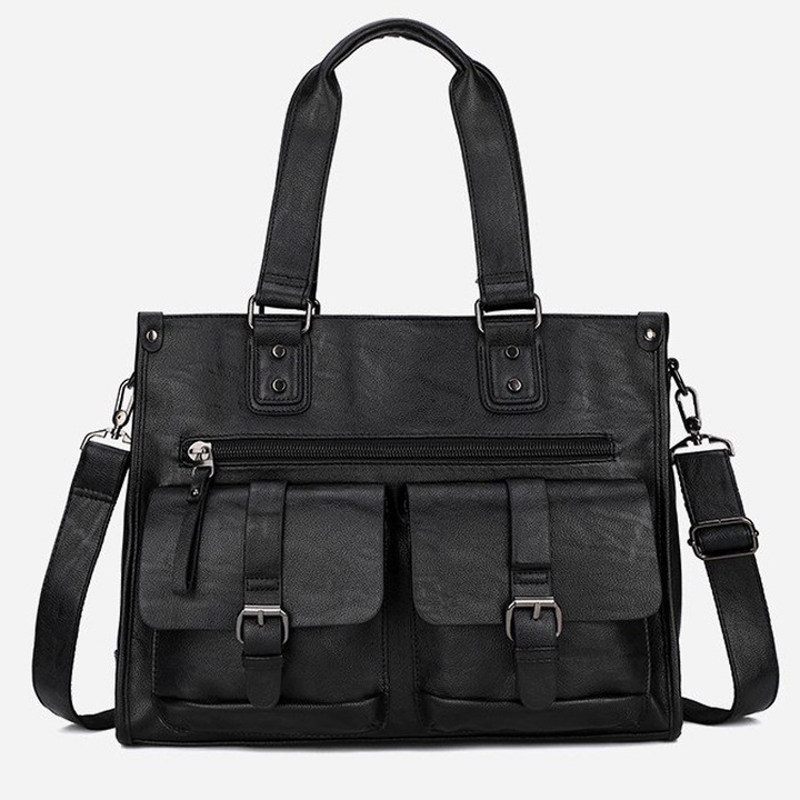 Office táska, prémium minőségű természetes bőrből, vízálló, multifunkciós, állítható vállpánttal és 2 fix fogantyúval, laptophoz vagy dokumentumokhoz, office-casual stílus, 30 x 40 x 12 cm, fekete, PriStyle