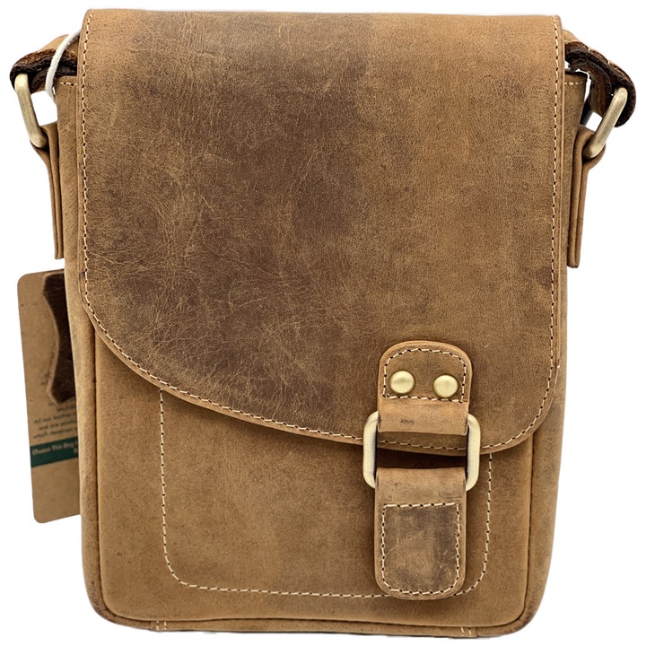 Borseta de umar din Piele pentru Barbati, Hunter Brand, 18x20x5 cm, Culoare Maro Deschis