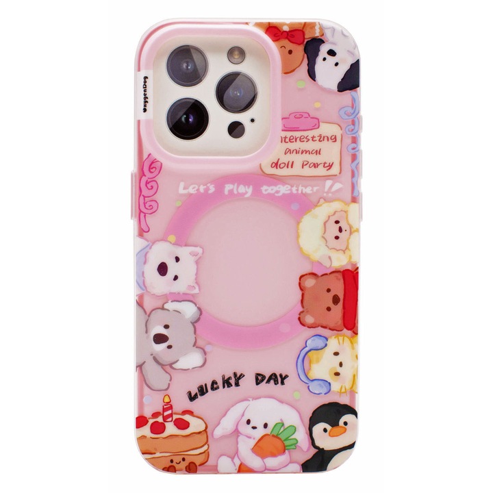Силиконов калъф OxygenDog с шарка "Lucky Day", съвместим с MagSafe за iPhone 15 Pro - Розов