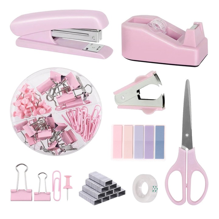 Комплект за домашна или офис употреба от 11 части, Axroad Mall, Комплект телбод и телбод, включително дозатор за тиксо, телбод, ножици, 1000 бр. телбод, кламери, кламери за хартия, тиксо, розов