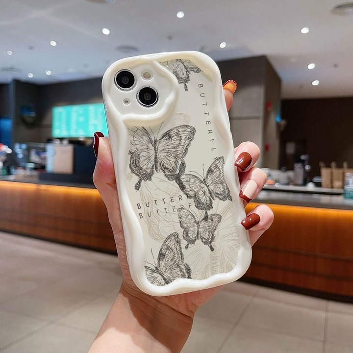 Husa Silicon Moale pentru iPhone 16 – Protectie Completa, Design Dragut cu Fluturi, Culoare Bej