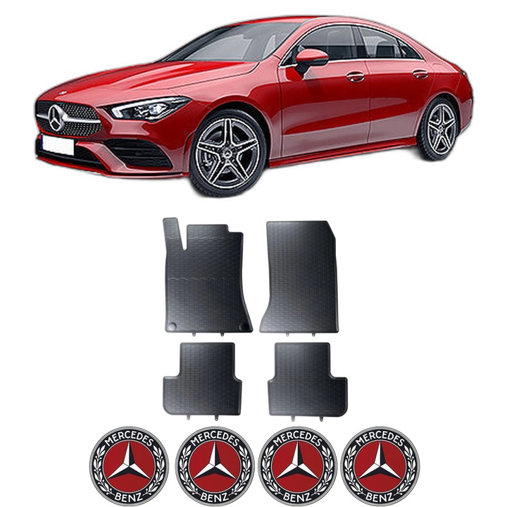 Set Covorase MERCEDES CLA I din 2013-2019, Auto, Cauciuc, CAROSERIE COUPE, 4x Stickere auto cu MERCEDES