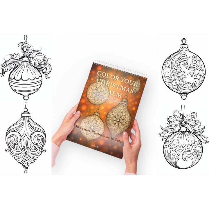 Carte de Colorat A4 cu Pagini Groase OBRO® – Globuri de Craciun Mandala, 30 Pagini, Relaxare si Antistres de Sarbatori