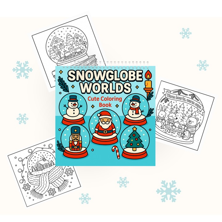 Carte de Colorat cu Pagini Groase OBRO® – Snowglobe Worlds, Desene Simple si Comfy de Craciun pentru Copii si Adulti