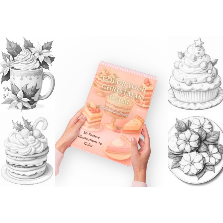 Carte de Colorat A4 cu Pagini Groase OBRO® – Deserturi de Craciun, 30 Pagini, Relaxare si Antistres de Sarbatori