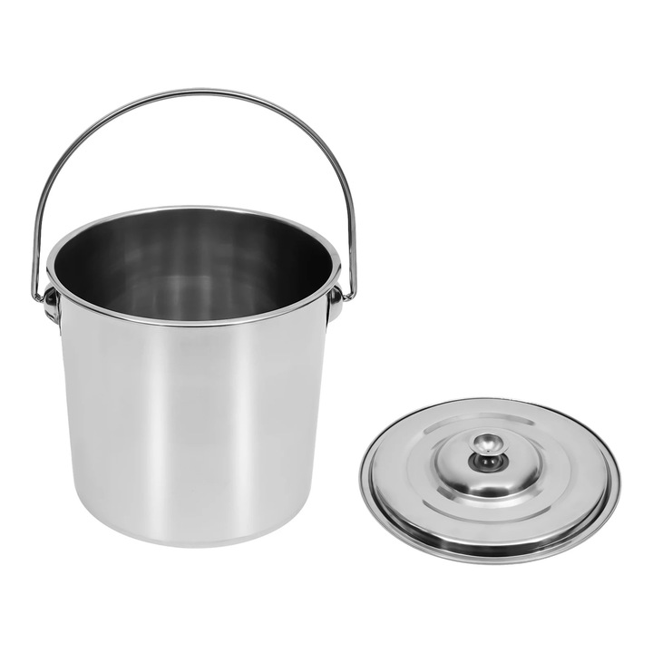 Galeata inox 12 l, Galeata cu capac, Otel inoxidabil, Pentru depozitare, bucatarie, catering, transport, Argintiu
