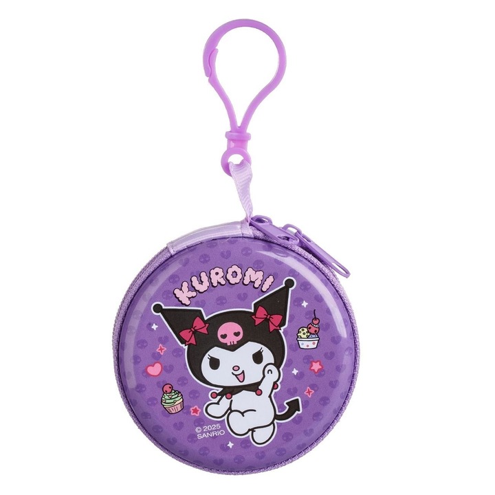 Kuromi Fém Gyerek Pénztárca, Lila, Kulcstartóval, Ø7.5x3cm