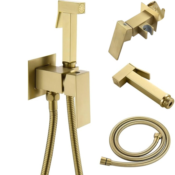 Set dus igienic pentru igiena intima, Doua cai, Apa Calda/Rece pentru Bideu sau Wc, Presiune reglabila, Baterie incastrata, Accesorii incluse, Auriu Nichelat