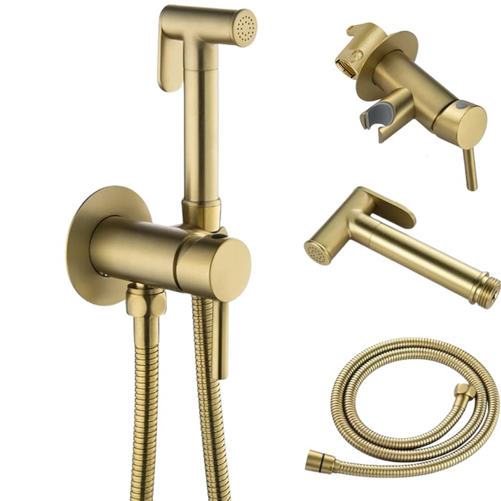 Set dus igienic pentru igiena intima, Doua cai, Apa Calda/Rece pentru Bideu sau Wc, Presiune reglabila, Baterie incastrata, Accesorii incluse, Auriu mat