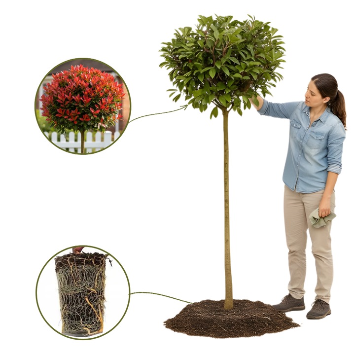 Photinia Red Robin, arbust decorativ, verde/rosu, inaltime 1, 70-2, 00 m, coroana glob, arbusti ornamentali vesnic verzi de gradina, nepretentiosi, ritm de crestere moderat-rapid