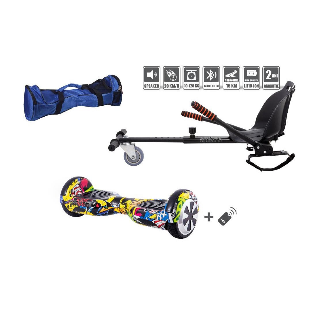 Pachet COMBO Hoverkart(Hoverseat,Scaun)+Hoverboard Original culoare grafiti style , Scuter electric,roti 6.5 inch,telecomanda wireless.bluetooth,geanta de transport cadou,led-uri,boxa incorporata,700w, scaun culoare neagra