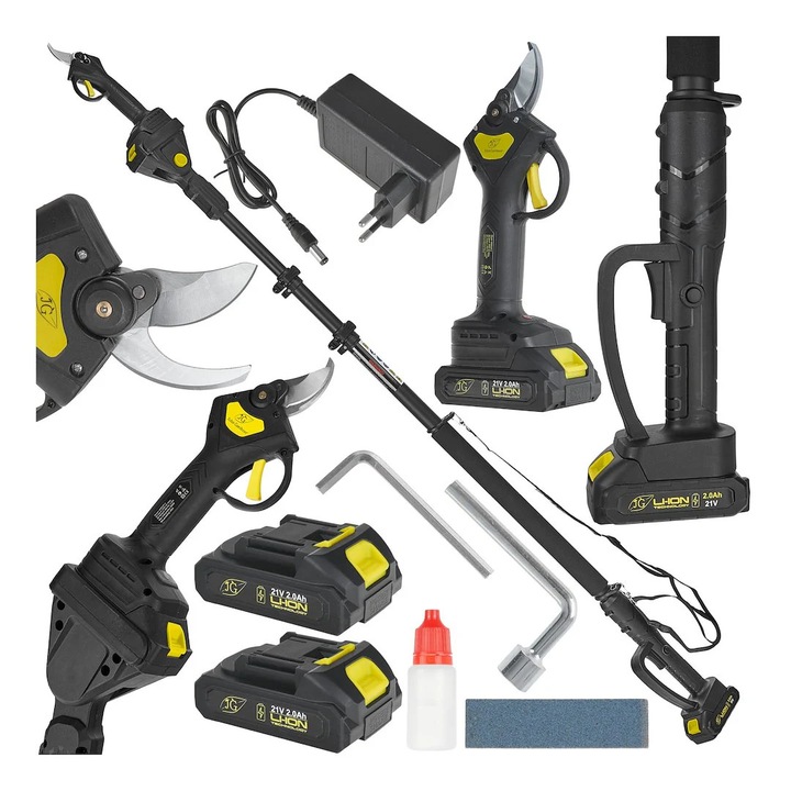 Foarfeca de gradina electrica cu tija telescopica, 1.65 - 2.50 m, 30 mm, 2 x 2 Ah, 21 V, Geko G80663