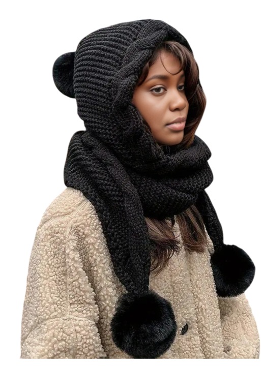 Caciula tricotata dama imblanita pe interior, cu fular integrat si pom pom, Negru