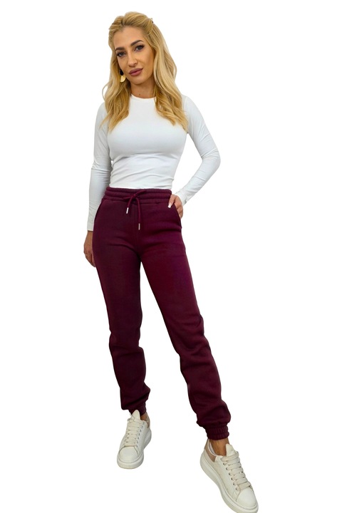 Pantaloni vatuiti RYLEX, cu snur in talie si banda elastica, Visiniu, Marimea S, FashionForYou