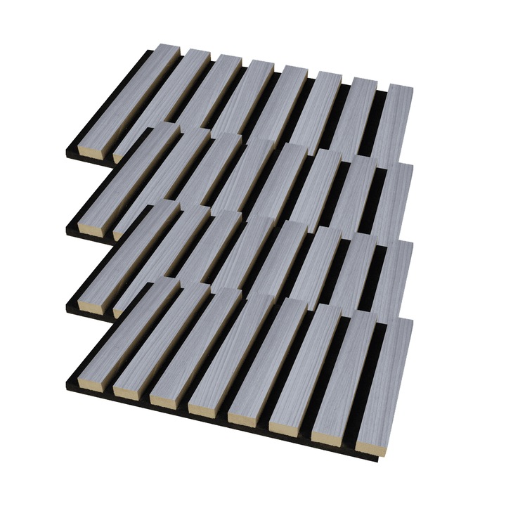 Set 4 panouri riflaj acustic decorativ, mdf si pasla, 260x30x2.1cm, gri deschis