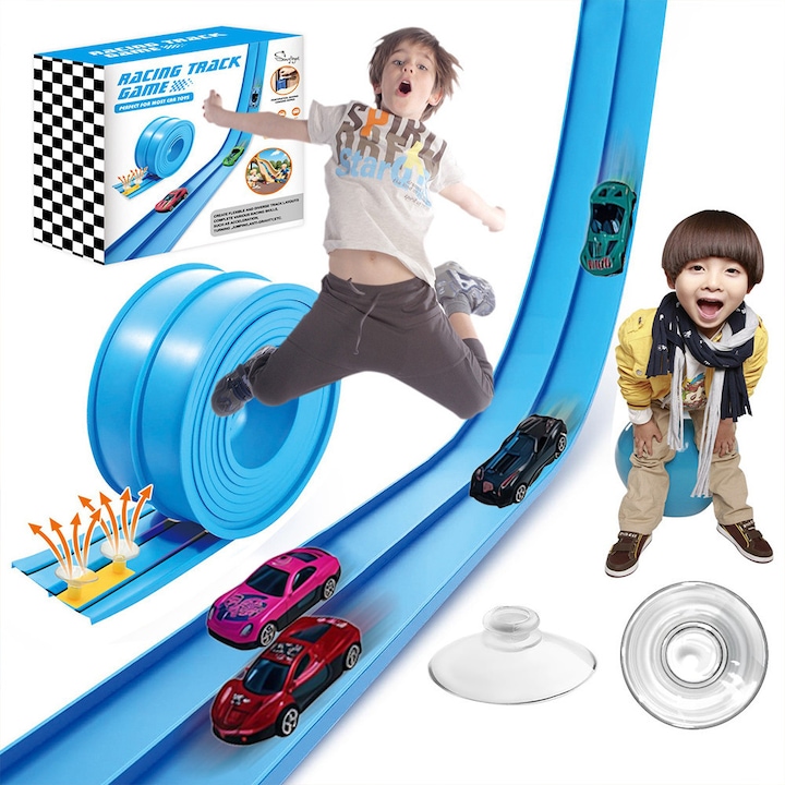 Set pista flexibila 4.5m, Swjoyol, albastru, pentru masinute 1/64, cu ventuze, pentru copii 3+