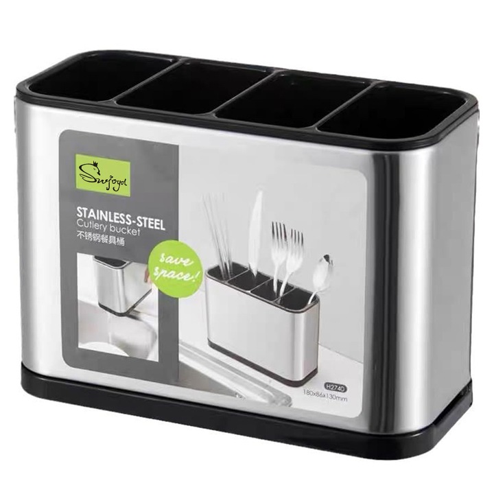 SWJOYOL evőeszköztartó, rozsdamentes acél, 4 rekeszes, fekete, 18x9x13cm