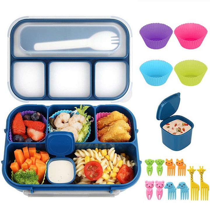 Élelmiszeres doboz készlet, SWJOYOL, 1300ml, 4 rekeszes, kék, 22.6x16.1x6.5cm