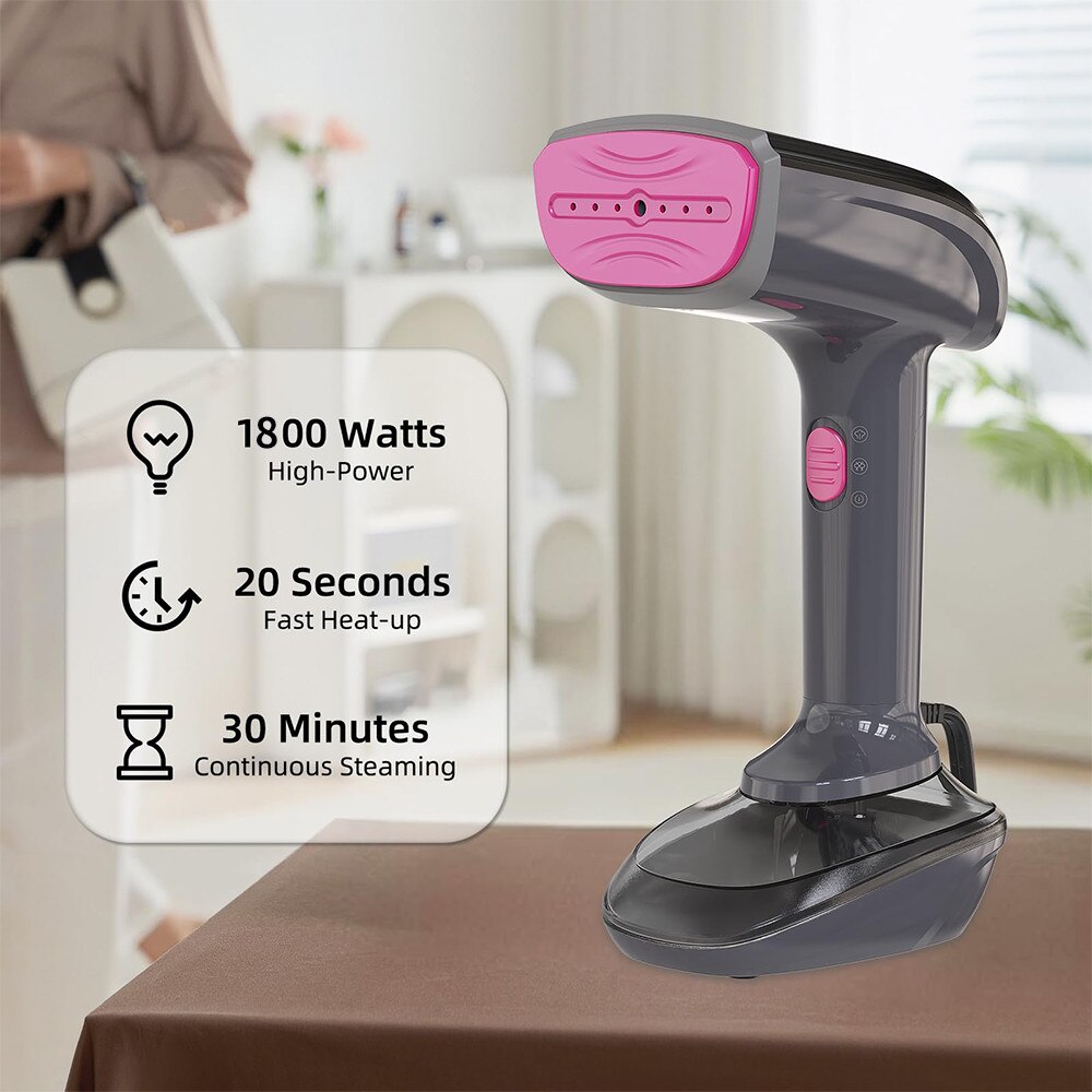 Aparat de calcat cu aburi, SWJOYOL, 1800W, 300ml, Violet, 26x14x13cm, cu perie pentru scame si manusi rezistente la caldura