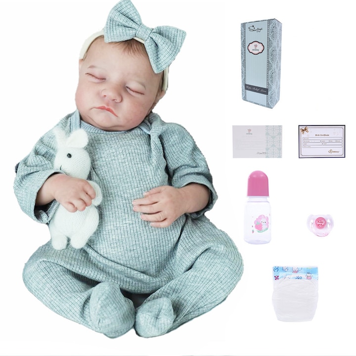 Кукла бебе Reborn Dolls, 50см, силикон, руса коса, зелена, с подвижни ръце и крака