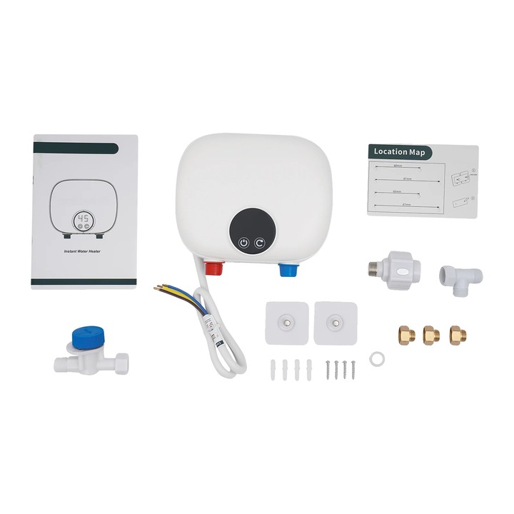 Elektromos átfolyós vízmelegítő, kompakt kialakítás, hőmérséklet-szabályozás, fehér