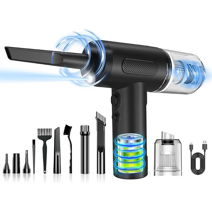 Aspirator auto 3 in 1, Omelivon, 3 viteze, 6000 mAh, filtru HEPA, Lanterna LED, pentru Tastatura, Indepartare Praf PC, Aer Conditionat, Jaluzele, Canapea, Telefon, Obiectiv Aparat Foto, 11 Accesorii, negru