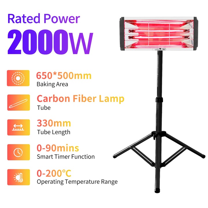 Infravörös szárító autófényezéshez, Polimerizációs lámpa állvánnyal, 2000 W, Szárítási felület 65×50 cm, Cső 33 cm, 220 V EU