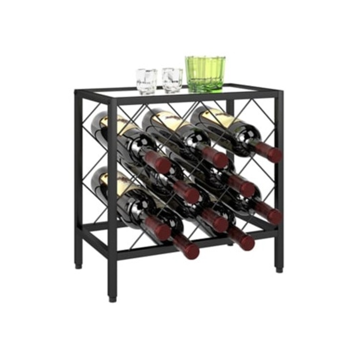 Suport pentru sticle de vin, sticla temperata si otel, negru, 41x22x41 cm
