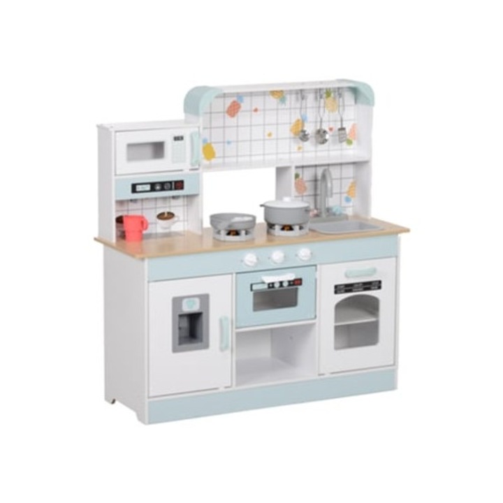Bucatarie pentru copii, Aiyaplay, MDF si otel inoxidabil, alb, 88.6x31.7x90.4 cm