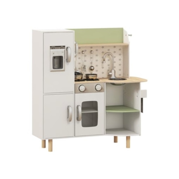 Bucatarie din lemn pentru copii, AIYAPLAY, MDF, lemn de pin, otel inoxidabil, alb, 84x34x89 cm
