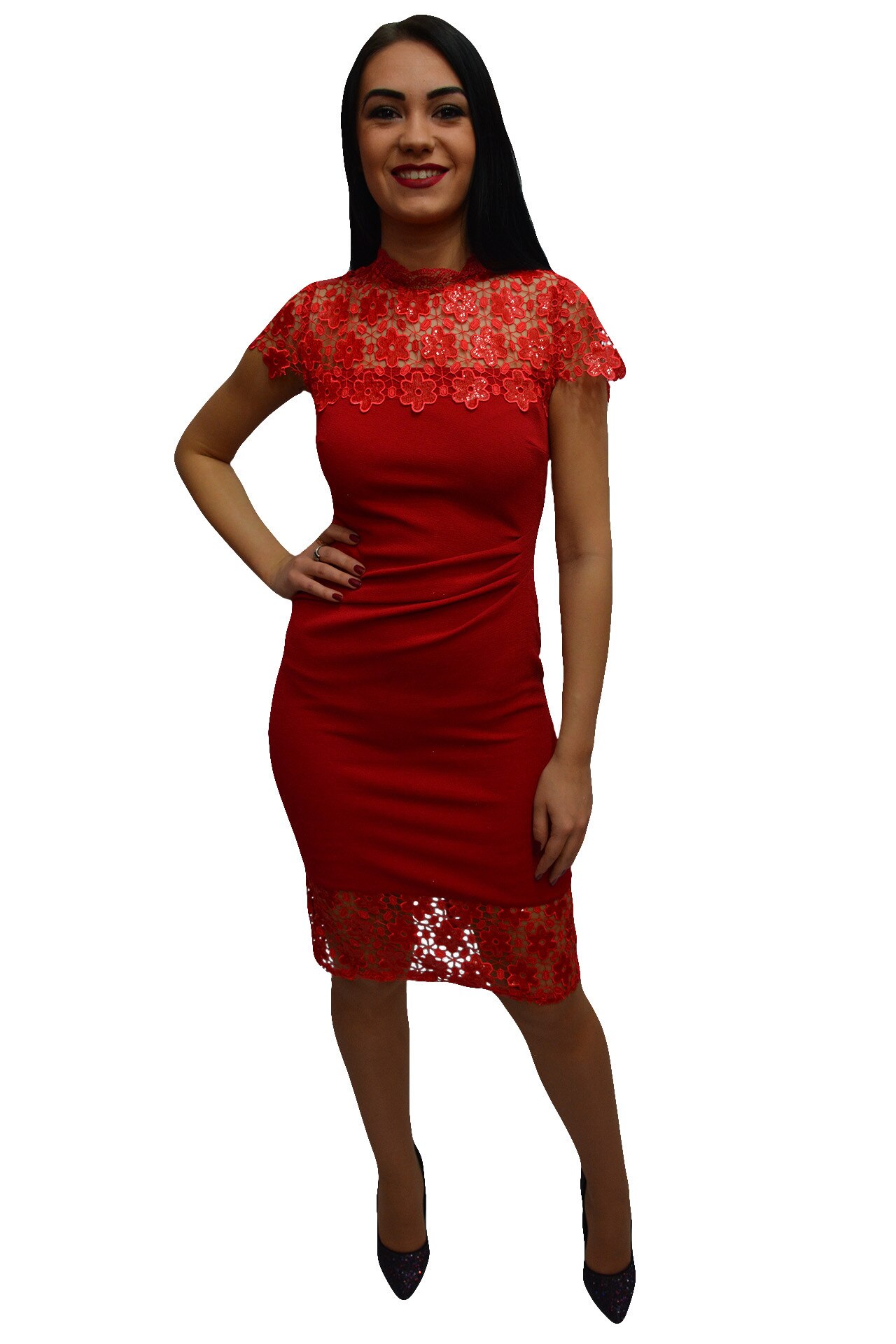 Rochie rafinata de ocazie cu croi cambrat si insertii de dantela,D&J Exclusive, Rosu