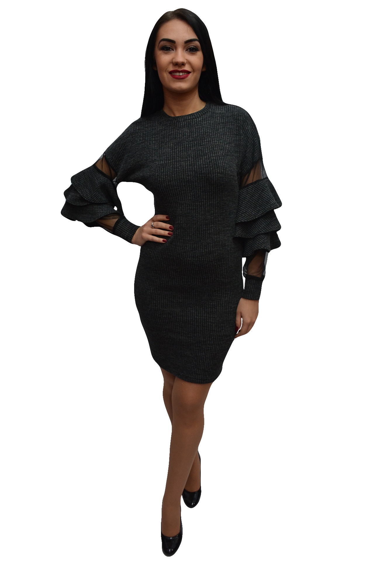 Rochie moderna cu maneca lunga, evazata,D&J Exclusive, Gri inchis