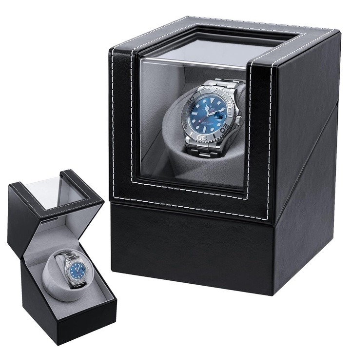 Cutie intors ceas automatic, YOUKUKE, Watch Winder, piele premium, Mod de rotatii, Negru-Gri, 13 x 13 x 16 cm
