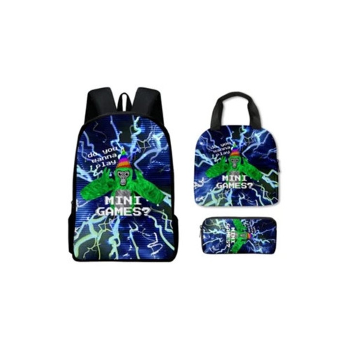 Ghiozdan 3D Gorilla Tag, szett uzsonnás dobozzal és tolltartóval, többszínű