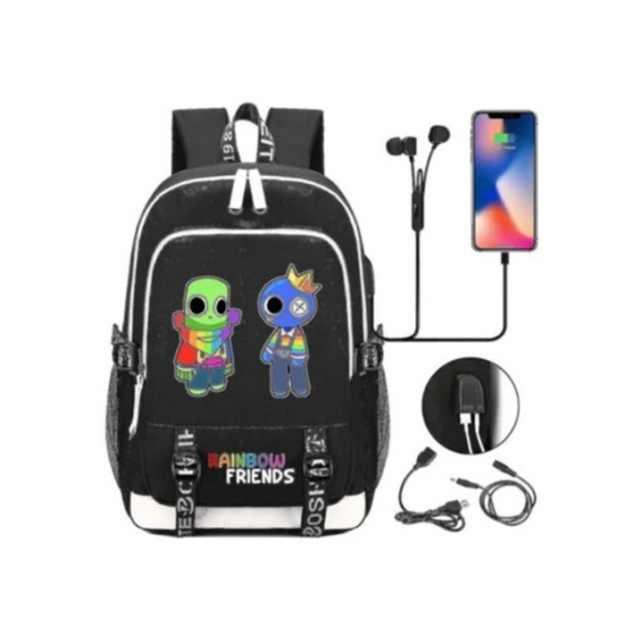 Ghiozdan scolar Aquaforge Duomi Rainbow Friend, material Oxford, stil simplu, incarcare USB, multicolor