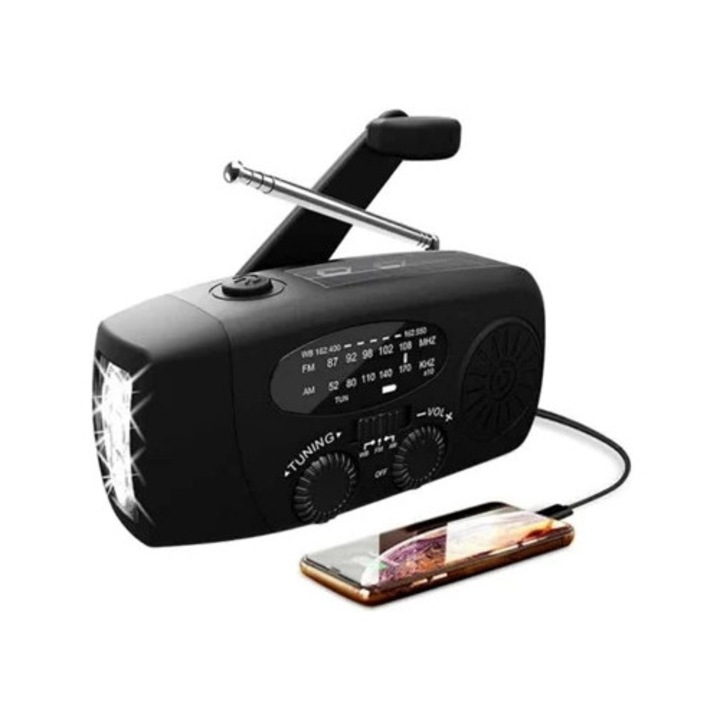 Radio portabil cu panouri solare si flashlight, 2000 mAh, negru, Aquaforge