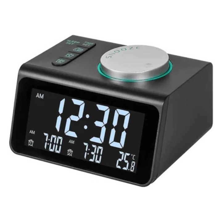 Radio cu ceas dual Aquaforge, alarma digitala, radio FM, 2 porturi USB, 7 sunete de alarma, 5 setari