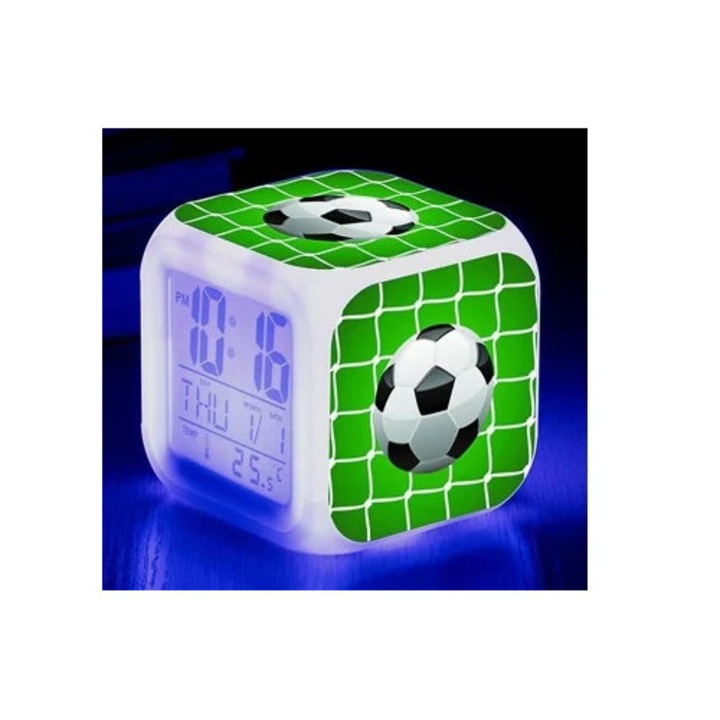 Ceas decorativ, design fotbal, multifunctional, LED, schimbare de culoare, silentios