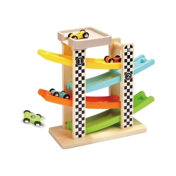 Pista de curse din lemn cu 4 masinute mini, jucarii pentru baieti si fete 1-2 ani