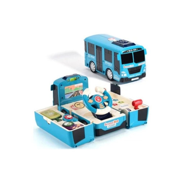 Autobuz jucarie cu roti, albastru, actionat prin inertie