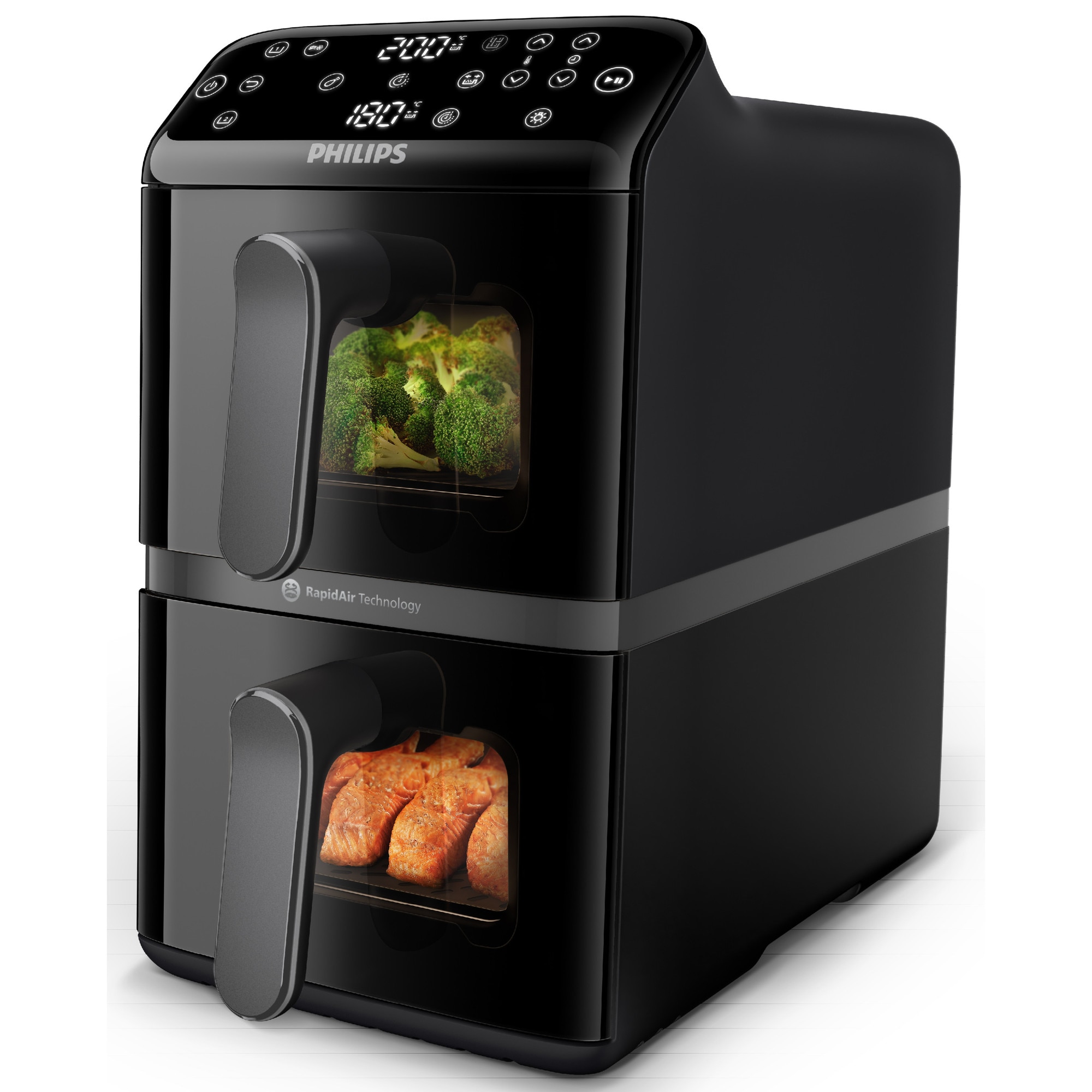 Friteuza cu aer cald verticala Philips Dual Stack Seria 4000, NA460/00, compact digital, 2 cosuri simetrice suprapuse cu ferestre si strat ceramic fara PFAS, capacitate totala 10L,