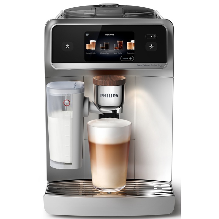Espressor automat Philips 8000 LatteGo, EP8757/20, 50+ tipuri de cafele din boabe proaspat macinate inclusiv cafea cu gheata,sistem LatteGo, aroma seal, filtru AquaClean inclus, tehnologia Silent Brew certificata Quite Mark, aplicatie NutriU, Silver