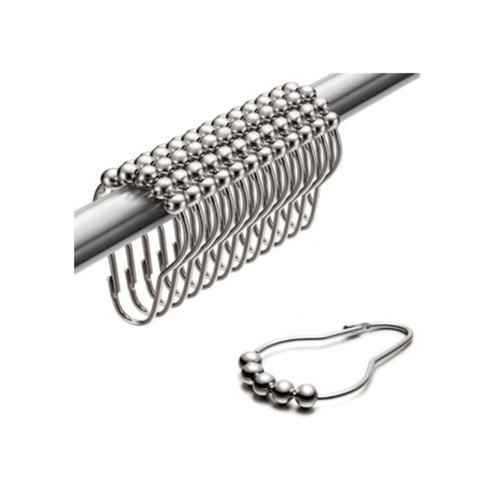 Carlige pentru perdea de dus din otel inoxidabil, set, utilizare intensa, glisare usoara, argintiu