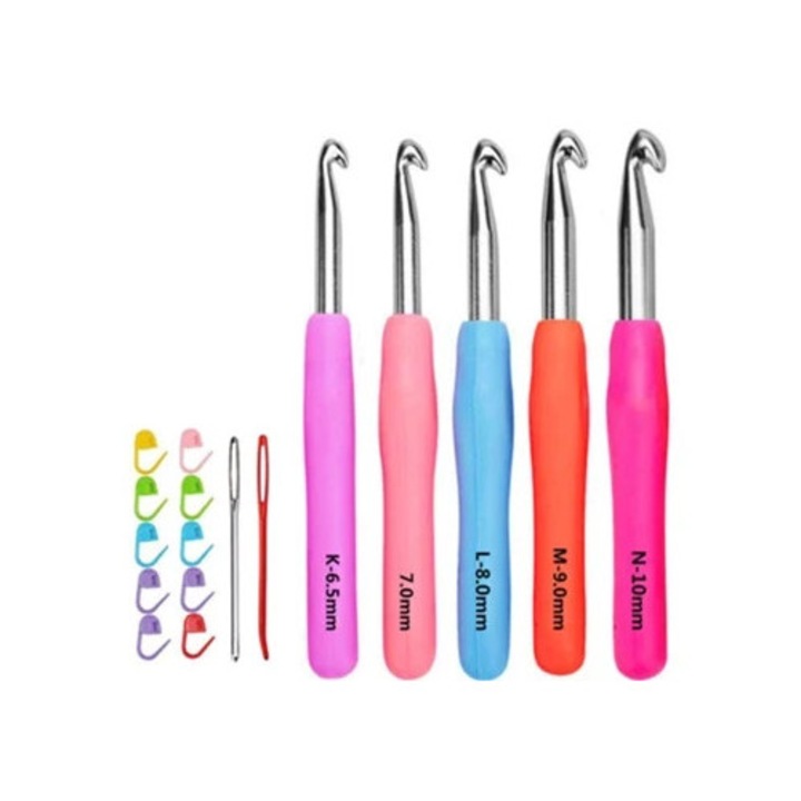 Set croseta, manere ergonomice, unelte din aluminiu lustruit, culori asortate