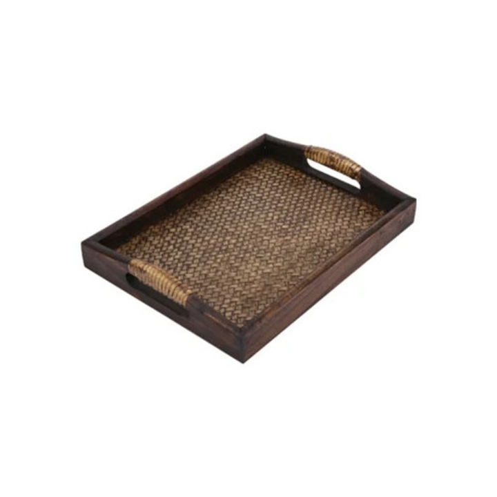 Tava de servire cu manere, Tava lucrata manual, Lemn impletit si banda de bambus, Tava dreptunghiulara cu manere duble pentru mic dejun, gustari, B