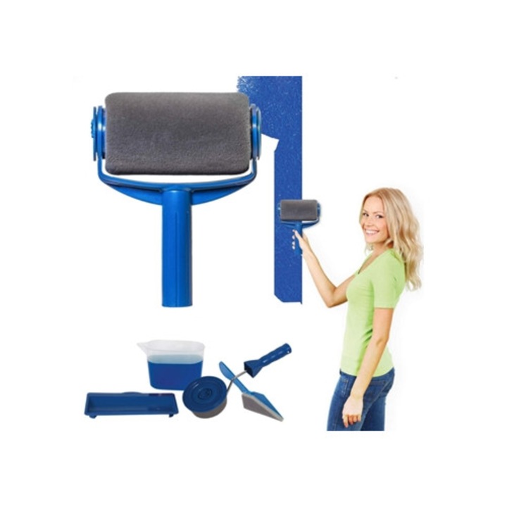 Set Paint Runner Pro cu rola de vopsit, suport, cană, pensulă pentru colțuri și rolă pentru margini, albastru