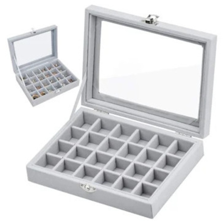Cutie bijuterii cu 24 compartimente, capac din sticla, pentru inele, ceasuri, coliere, cercei