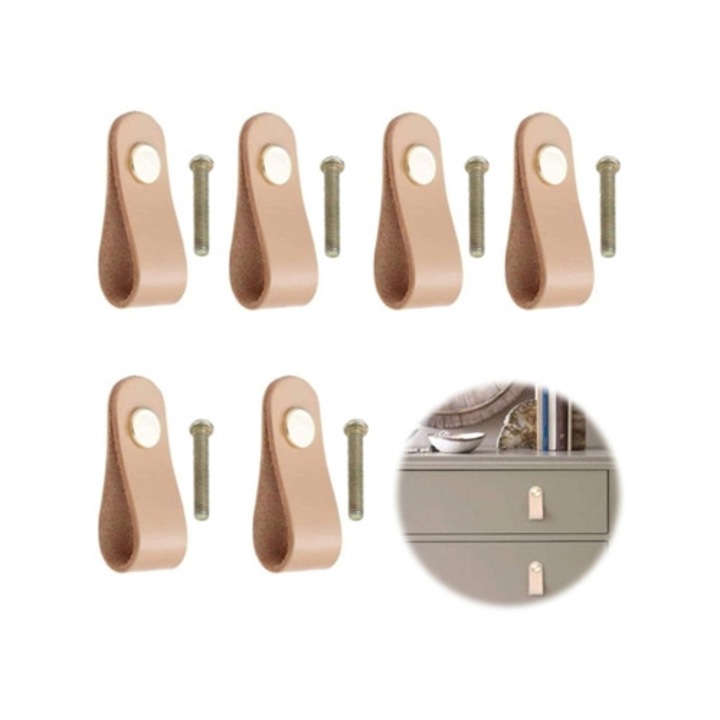 Set 6 manere din piele pentru usi de cabinet cu suruburi